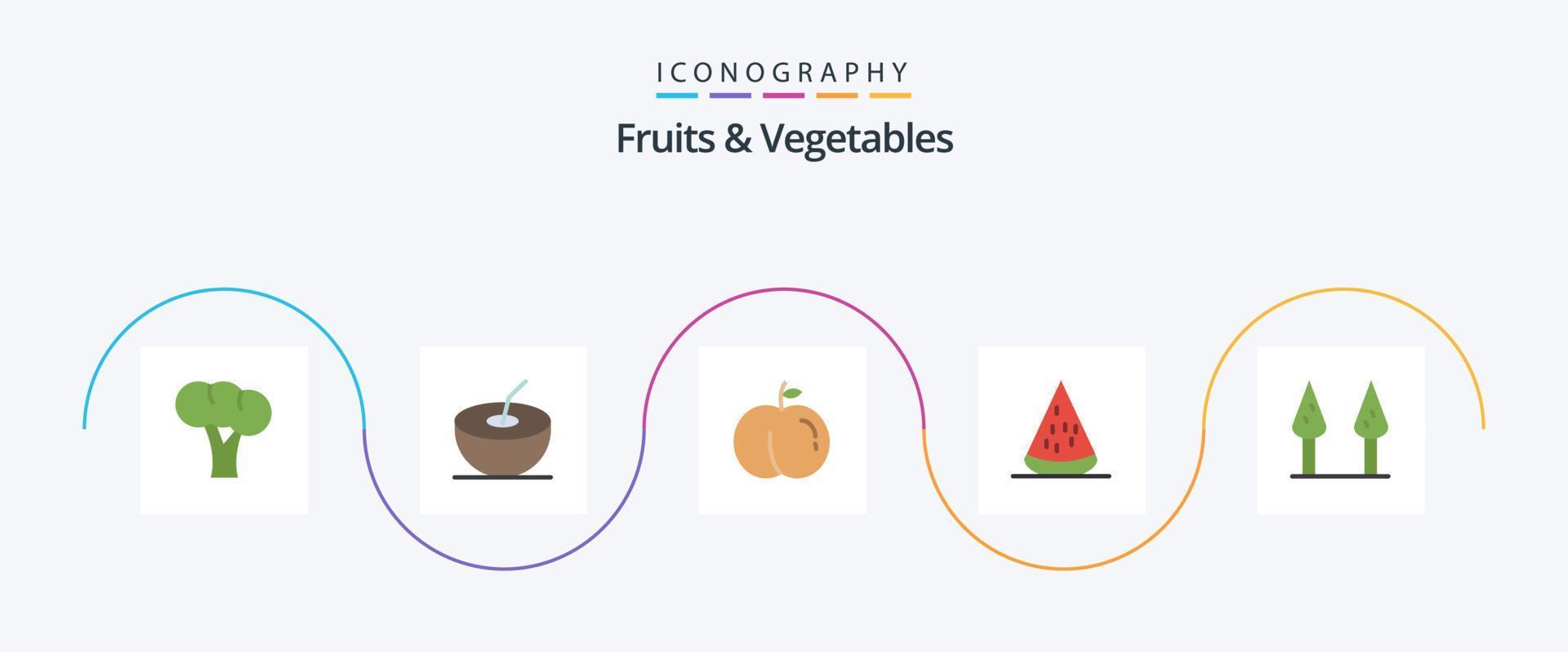 Paquete de 5 iconos planos de frutas y verduras que incluye. postre. gorrión saludable vector