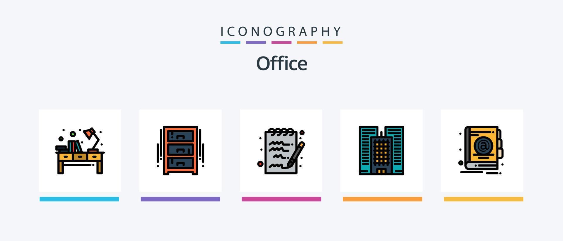 la línea de la oficina llenó el paquete de 5 íconos, incluido el negocio. oficina. parte delantera. escritorio. hora. diseño de iconos creativos vector