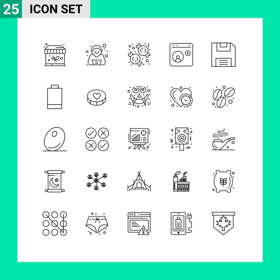 Mobile Interface Line Set of 25 Pictograms of save diskette dessert social media help Editable Vector Design Elements