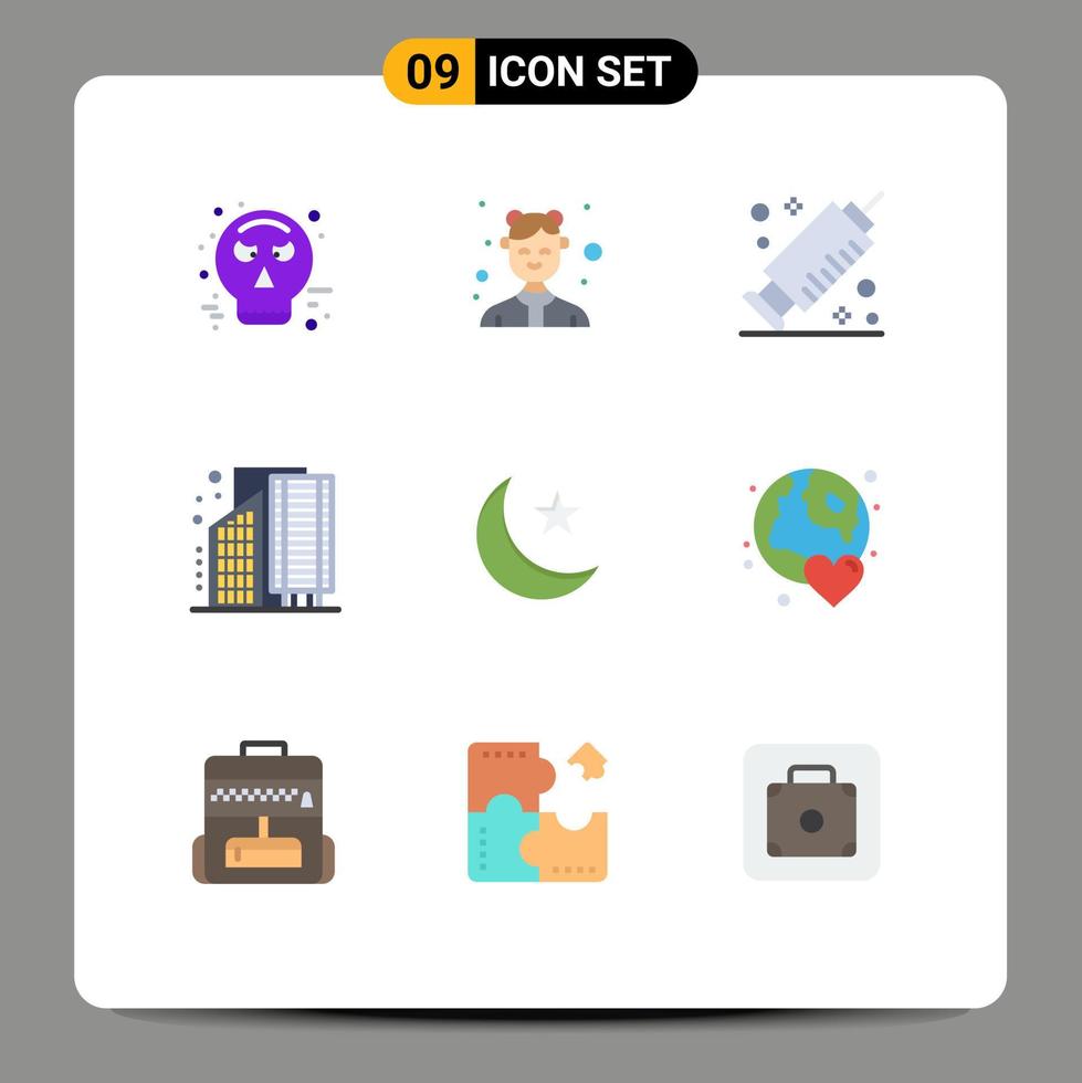 Set of 9 Modern UI Icons Symbols Signs for moon district work city buildings Editable Vector Design Elements