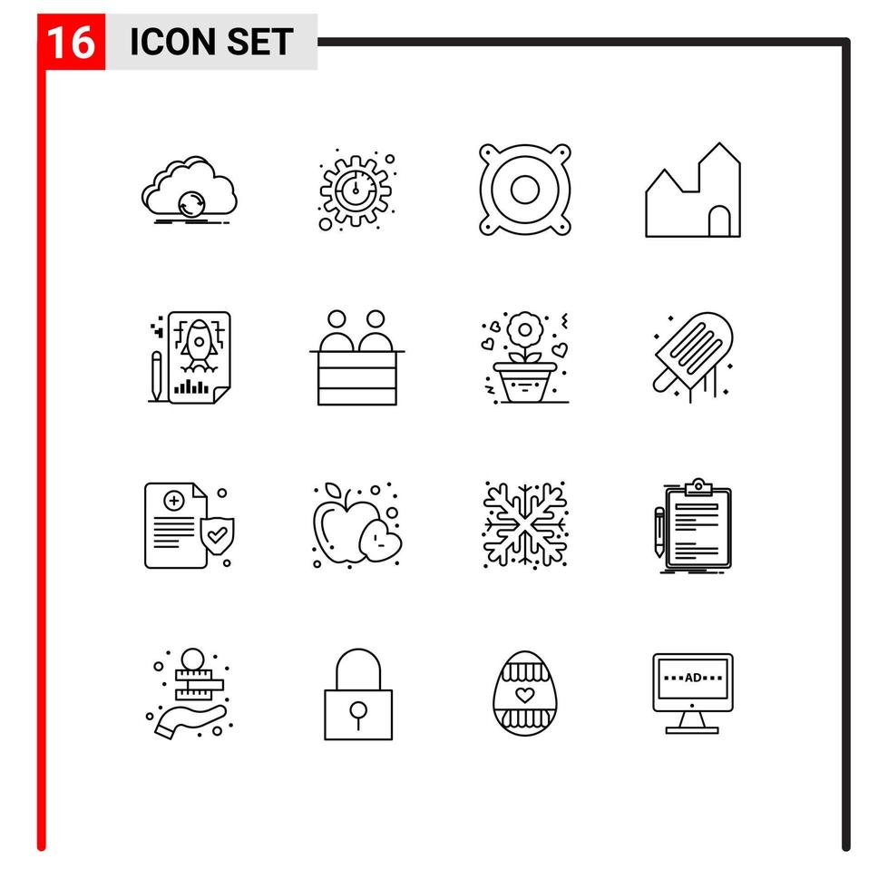 conjunto de esquema de interfaz móvil de 16 pictogramas de dispositivos de página de cohetes chimenea de fábrica de la industria elementos de diseño de vectores editables