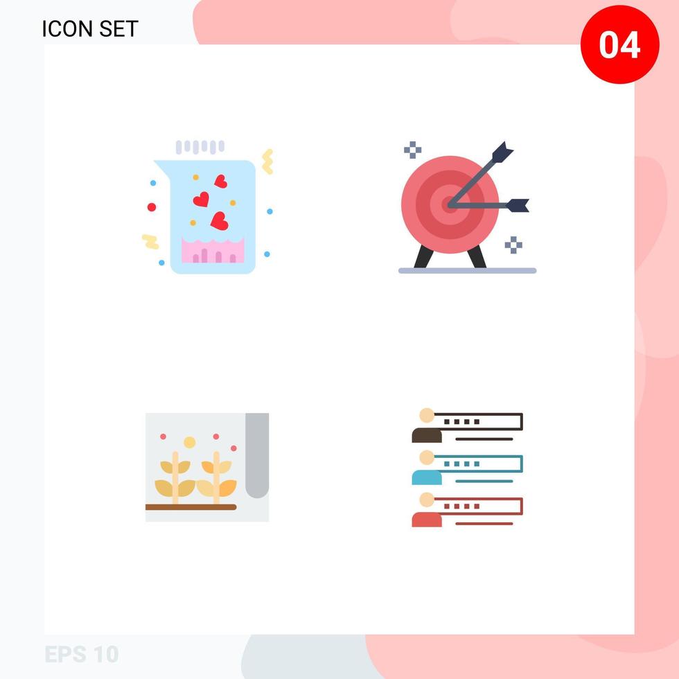 Set of 4 Modern UI Icons Symbols Signs for chemical farm love goal plant Editable Vector Design Elements
