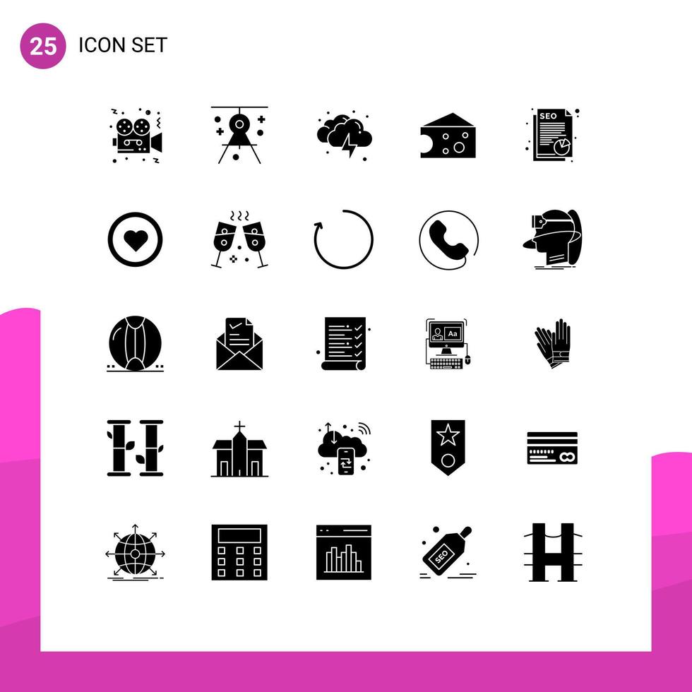 Editable Vector Line Pack of 25 Simple Solid Glyphs of document cheese drafting breakfast thunder Editable Vector Design Elements