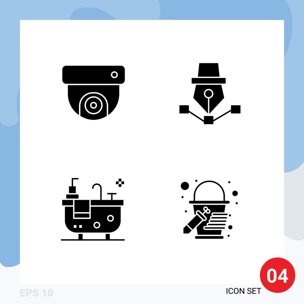 4 User Interface Solid Glyph Pack of modern Signs and Symbols of camera bath pen design bucket Editable Vector Design Elements