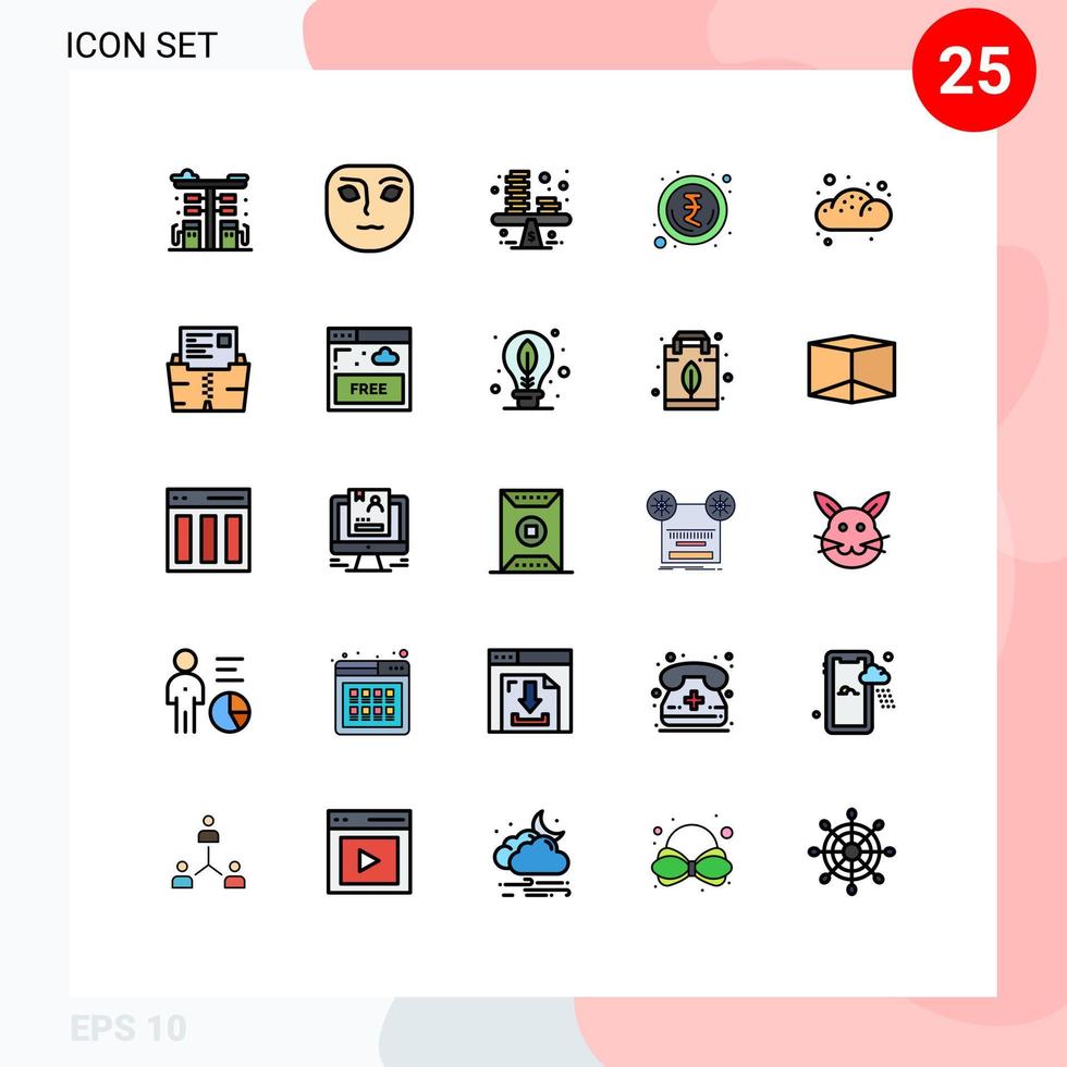 Set of 25 Commercial Filled line Flat Colors pack for bread rupee balance money coins Editable Vector Design Elements