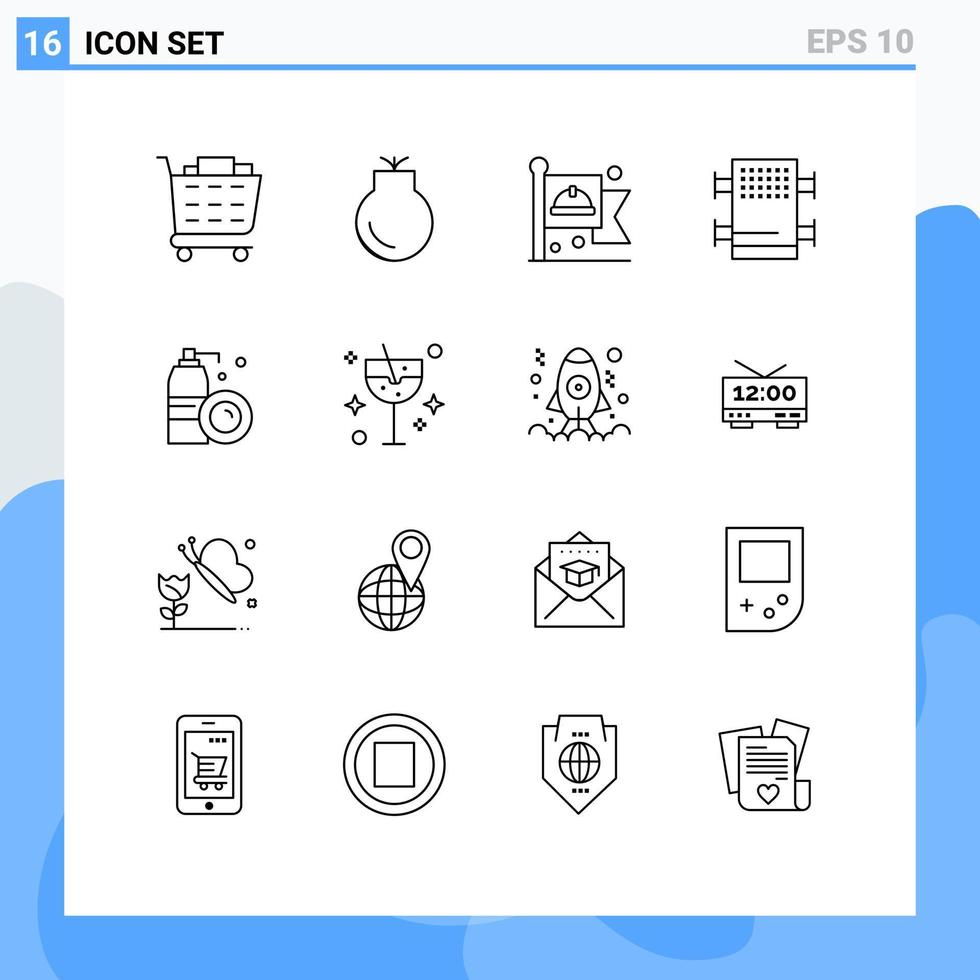Universal Icon Symbols Group of 16 Modern Outlines of spray bottle flag aerosol bath Editable Vector Design Elements