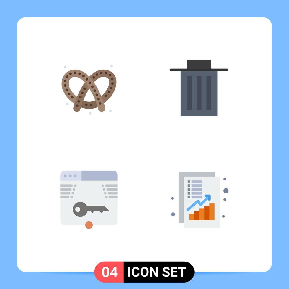 Group of 4 Modern Flat Icons Set for bake key pretzel trash form Editable Vector Design Elements