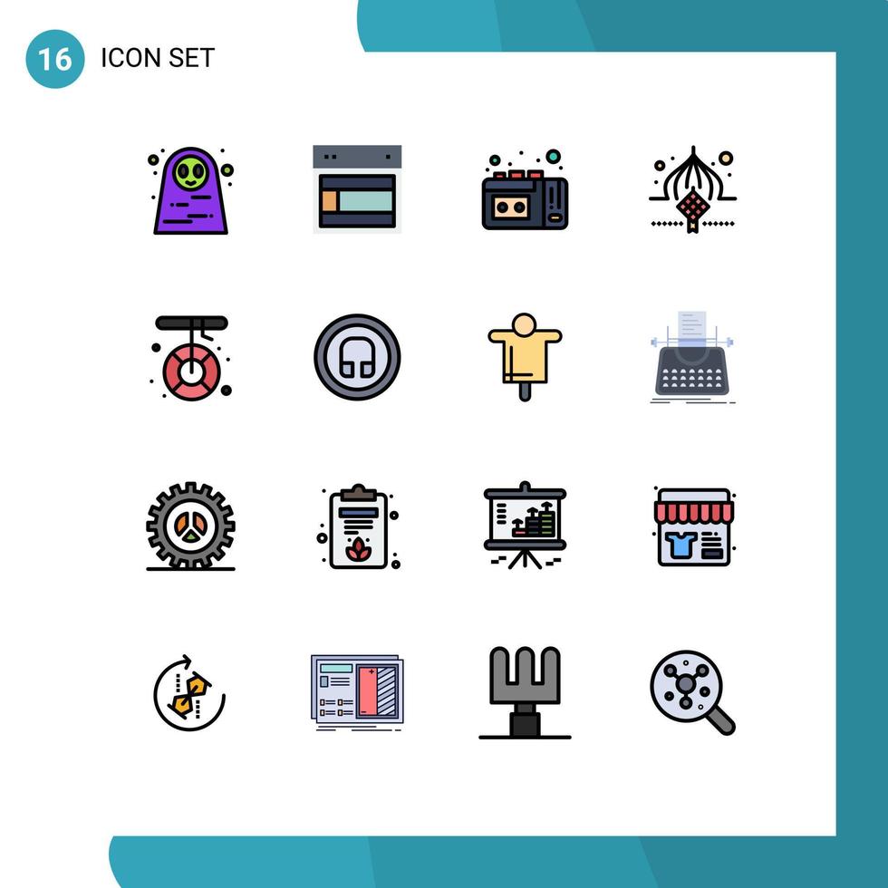 conjunto moderno de 16 líneas y símbolos rellenos de colores planos, como la decoración del sitio web de la cinta del barco, elementos de diseño de vectores creativos editables masjid