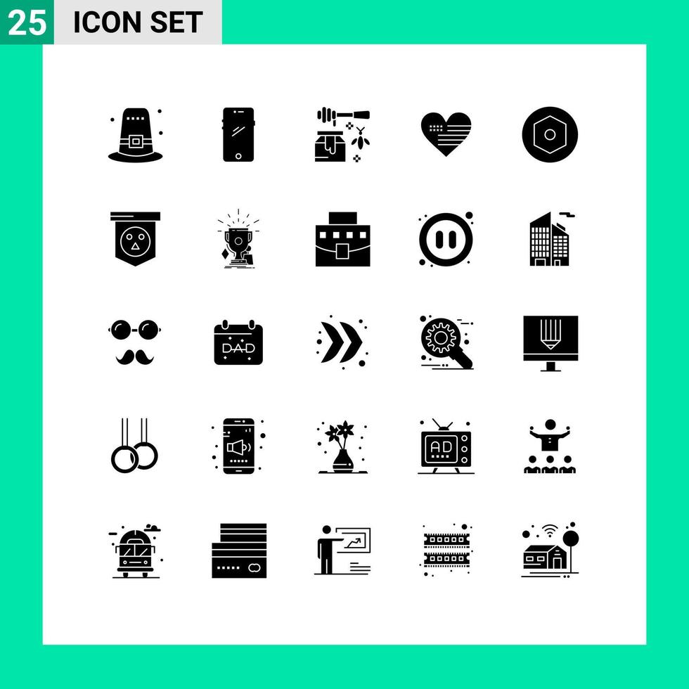 Set of 25 Commercial Solid Glyphs pack for internal american iphone love sweet Editable Vector Design Elements