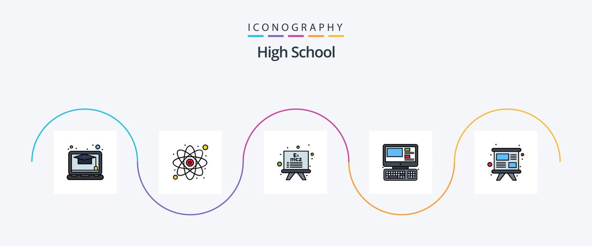 High School Line Filled Flat 5 Icon Pack Including training. study. education. presentation. system vector