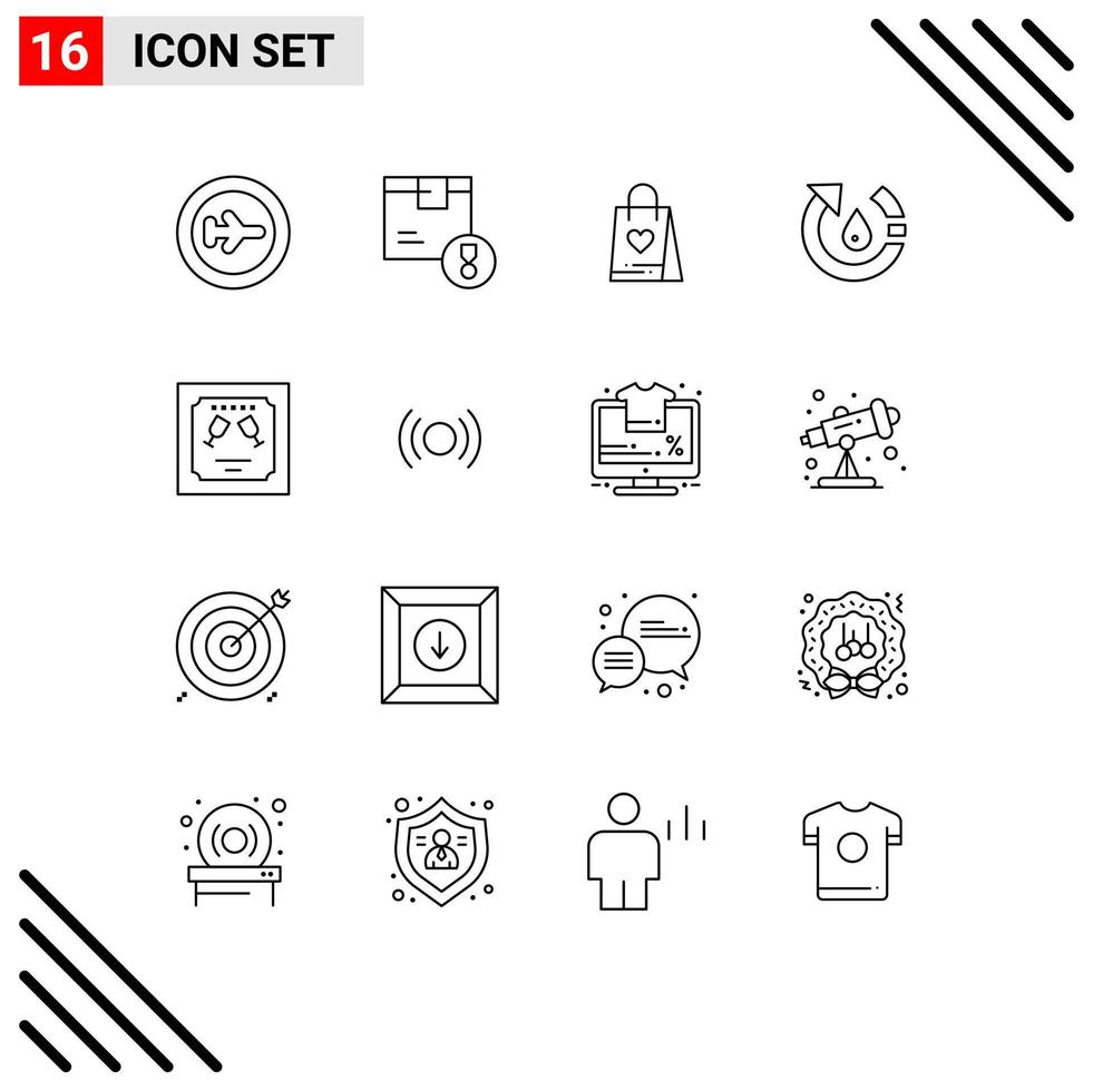 paquete de 16 signos y símbolos de contornos modernos para medios de impresión web, como elementos de diseño de vectores editables de bolsas ecológicas de productos ambientales de reciclaje