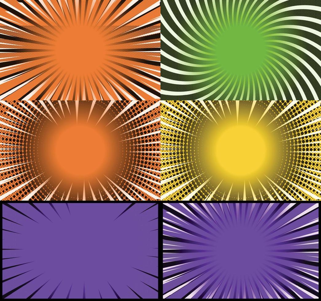 Comic book colorful frames background with halftone rays radial and dotted effects pop art style vector