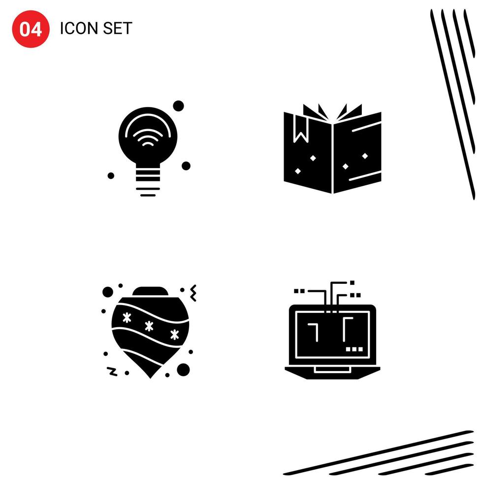 Group of 4 Solid Glyphs Signs and Symbols for bulb bauble iot education decoration Editable Vector Design Elements