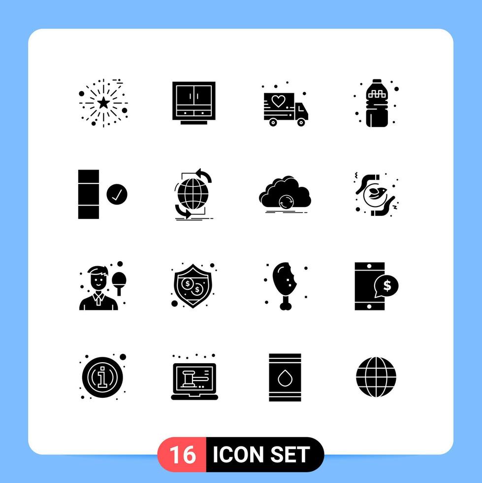 16 Universal Solid Glyphs Set for Web and Mobile Applications check drink furniture bottle love Editable Vector Design Elements