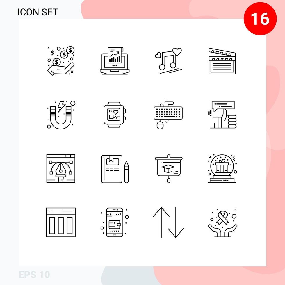 Modern Set of 16 Outlines and symbols such as usa movis computer american love Editable Vector Design Elements