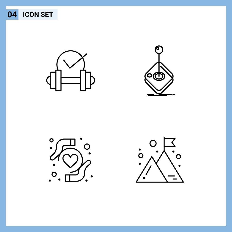 Mobile Interface Line Set of 4 Pictograms of dumbbell health insurance sport gaming heart protection Editable Vector Design Elements