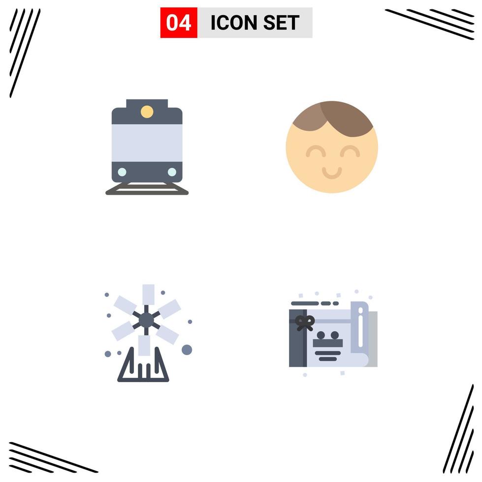 4 User Interface Flat Icon Pack of modern Signs and Symbols of railway windmill boy farming party Editable Vector Design Elements