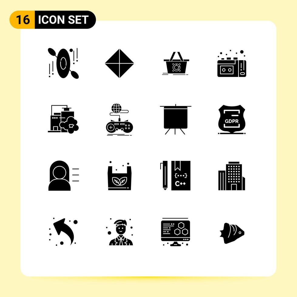 16 Universal Solid Glyphs Set for Web and Mobile Applications pollution industry add to cart factory vhs Editable Vector Design Elements