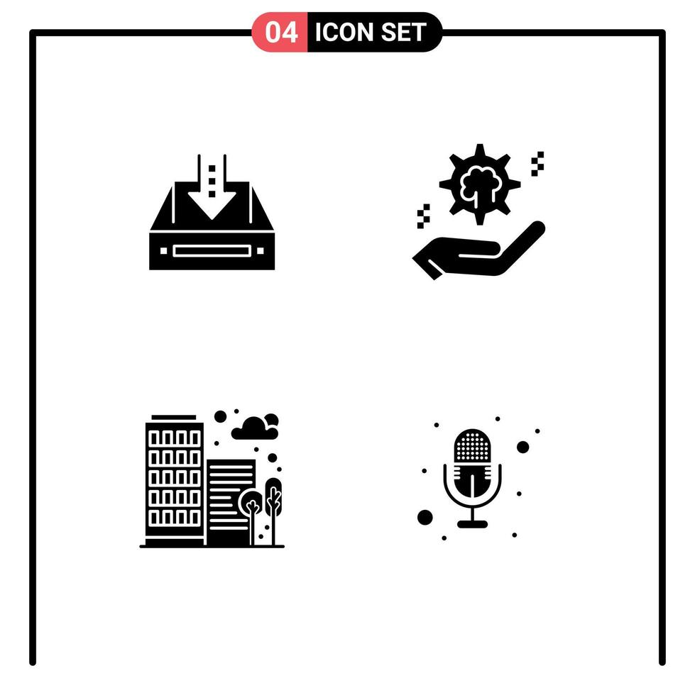 Pictogram Set of 4 Simple Solid Glyphs of inbox brain document setting building Editable Vector Design Elements