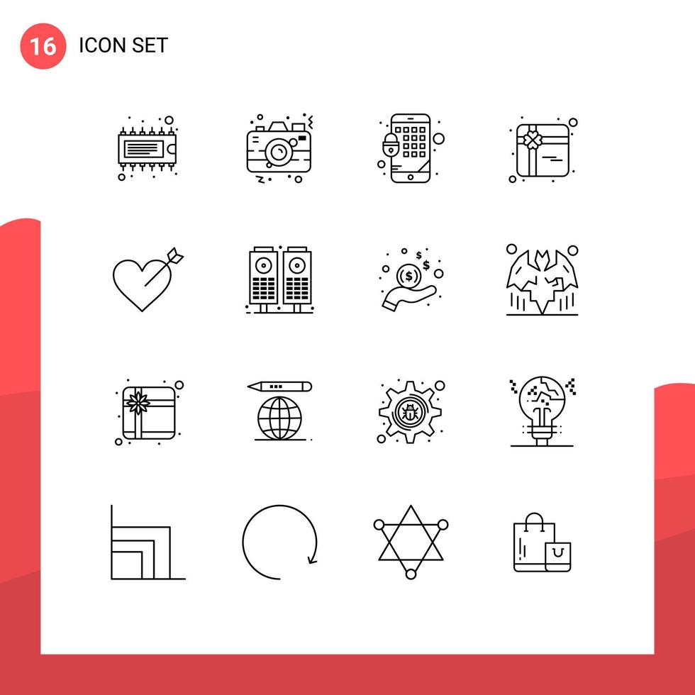 Mobile Interface Outline Set of 16 Pictograms of love arrow image present gift Editable Vector Design Elements