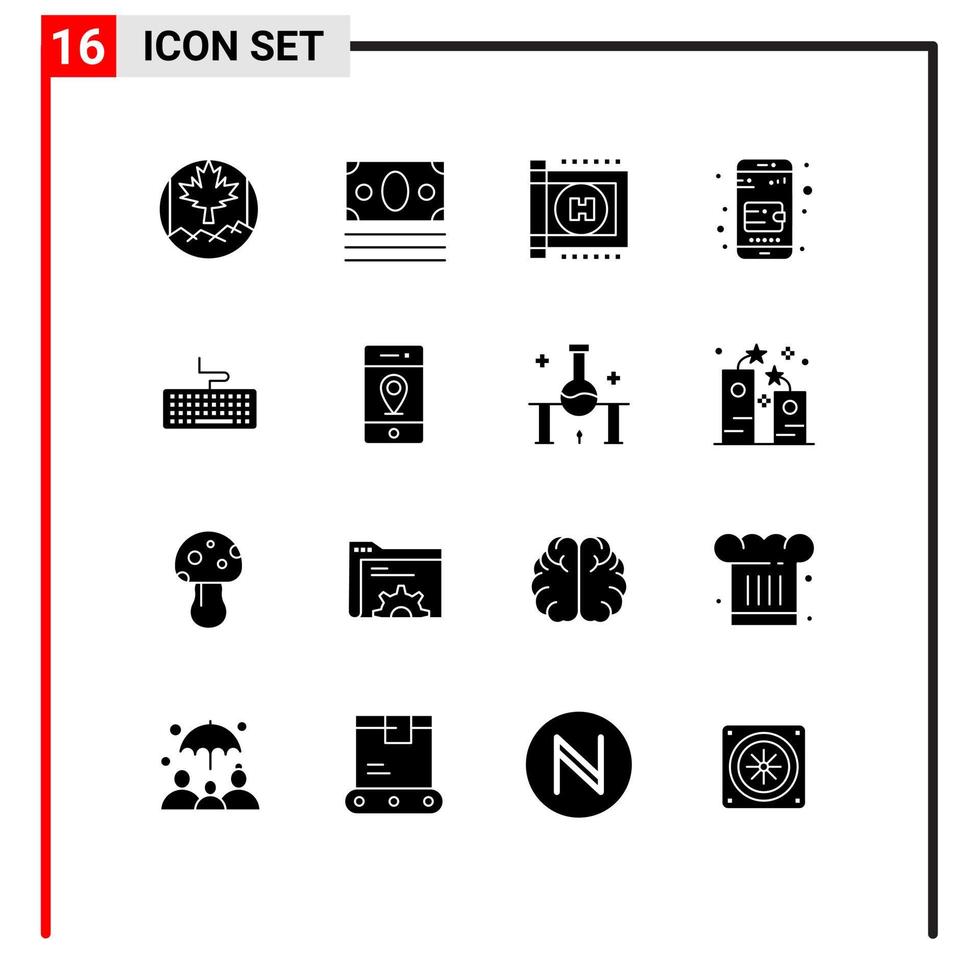 16 Universal Solid Glyphs Set for Web and Mobile Applications location hardware hospital keyboard purse Editable Vector Design Elements