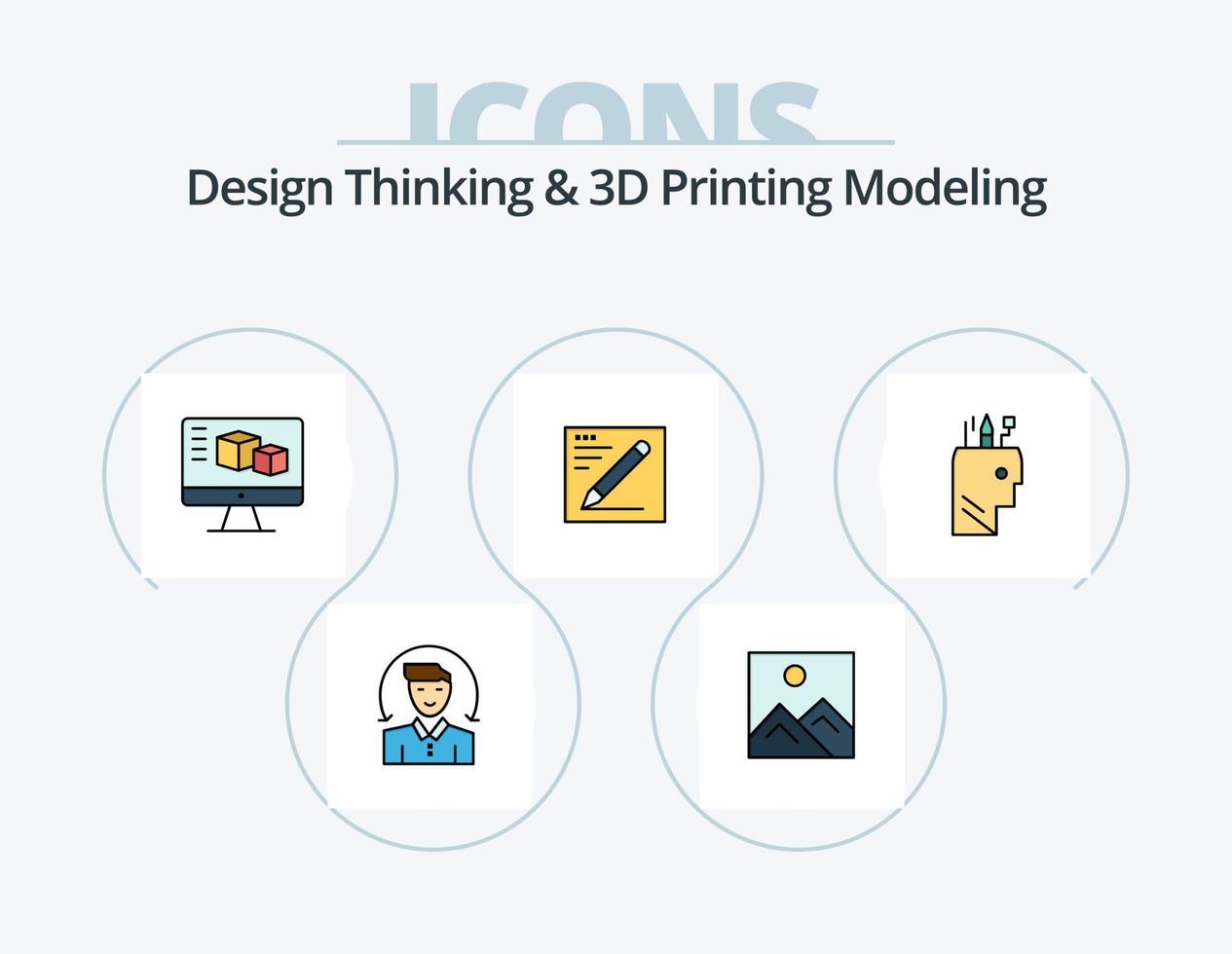 pensamiento de diseño e impresión d línea de modelado paquete de iconos llenos de 5 diseño de iconos. monitor. idea. limpiador estructura alámbrica. estructura alámbrica vector