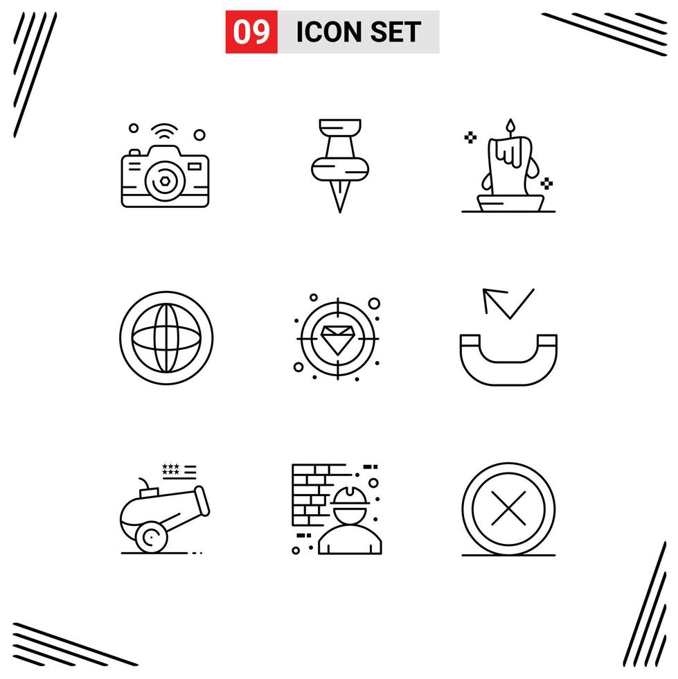 Pack of 9 Modern Outlines Signs and Symbols for Web Print Media such as support global burning light communication lantern Editable Vector Design Elements