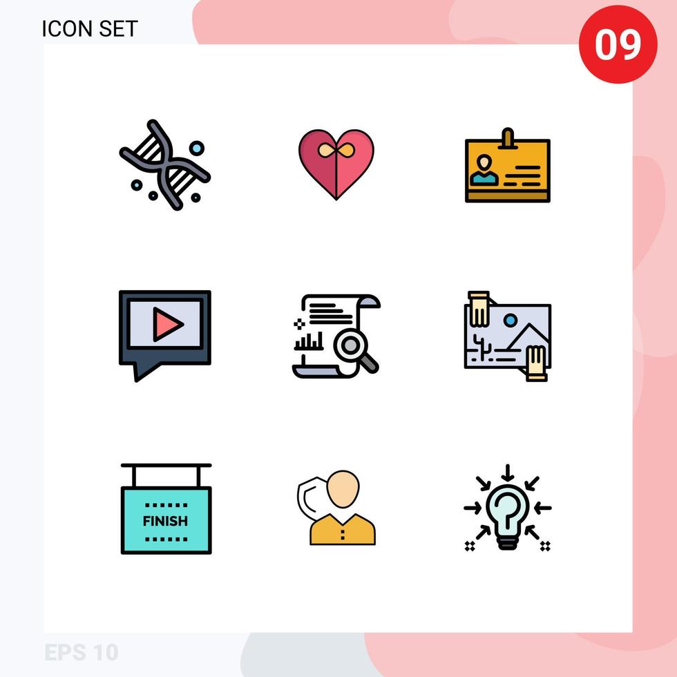 Group of 9 Modern Filledline Flat Colors Set for search content card chart chat Editable Vector Design Elements