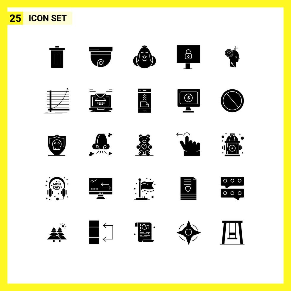 25 Universal Solid Glyphs Set for Web and Mobile Applications user lock surveillance computer baby Editable Vector Design Elements