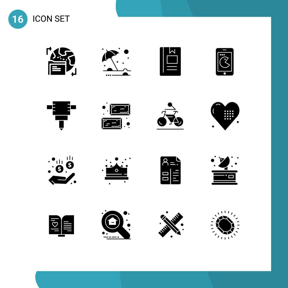 Editable Vector Line Pack of 16 Simple Solid Glyphs of jackhammer phone book mobile reading Editable Vector Design Elements