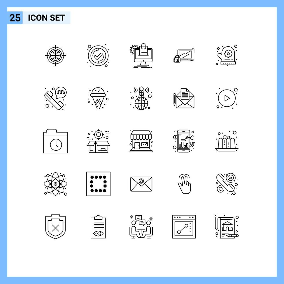 Pack of 25 Modern Lines Signs and Symbols for Web Print Media such as oven mitt lock online security computer Editable Vector Design Elements