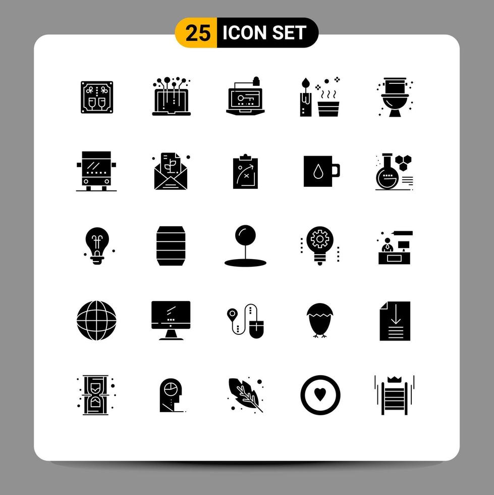 25 Thematic Vector Solid Glyphs and Editable Symbols of wellness natural system candle key Editable Vector Design Elements