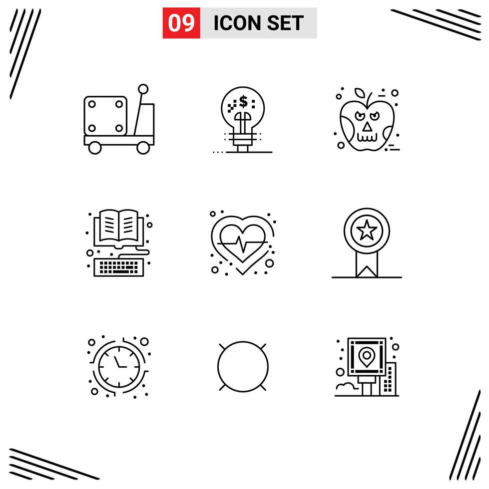 Pack of 9 creative Outlines of health library apple keyboard book Editable Vector Design Elements