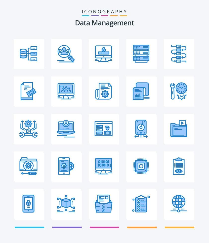 gestión de datos creativos 25 paquete de iconos azules como nota. red. computadora. almacenamiento. servidor vector