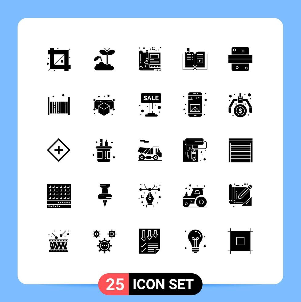 Set of 25 Commercial Solid Glyphs pack for multimedia tutorial blueprint video design Editable Vector Design Elements