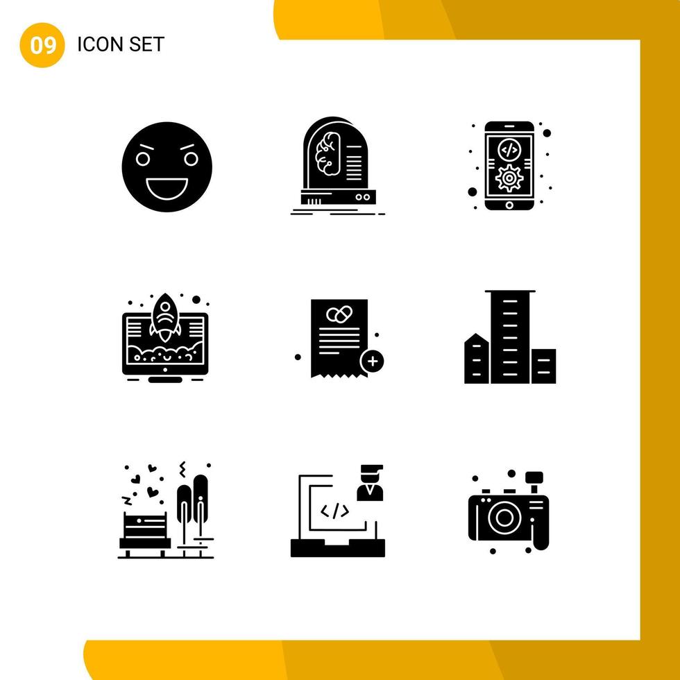 9 Universal Solid Glyphs Set for Web and Mobile Applications rocket launch intelligence entrepreneur development Editable Vector Design Elements