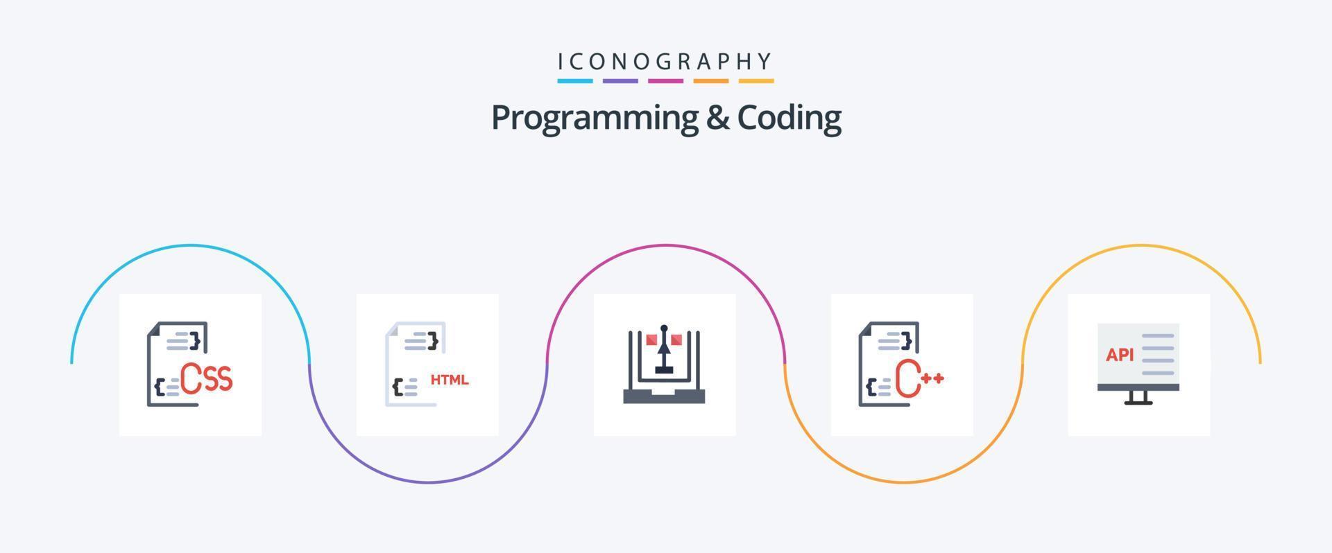 Programming And Coding Flat 5 Icon Pack Including develop. c. file. planning. development vector