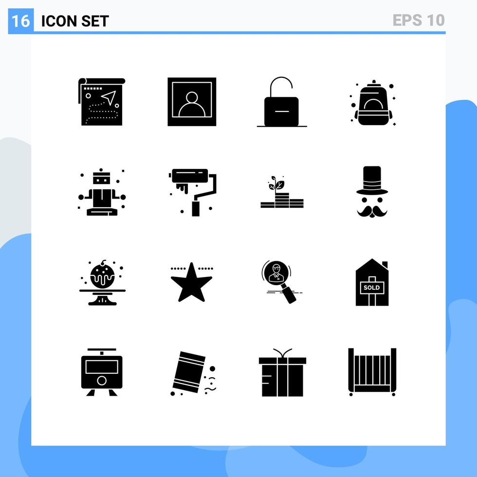 Modern Set of 16 Solid Glyphs Pictograph of relaxing school padlock mountain backpack Editable Vector Design Elements