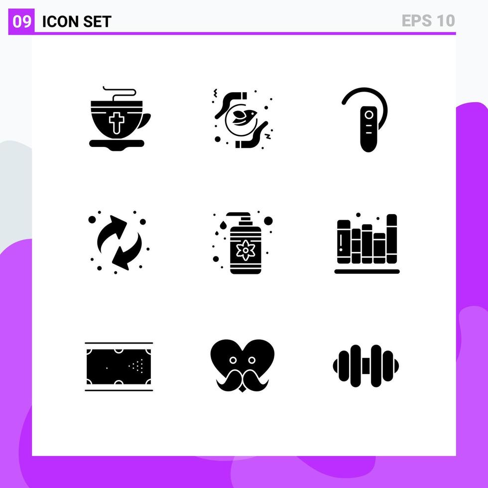 Set of 9 Vector Solid Glyphs on Grid for drop recycling purity arrows headphone Editable Vector Design Elements