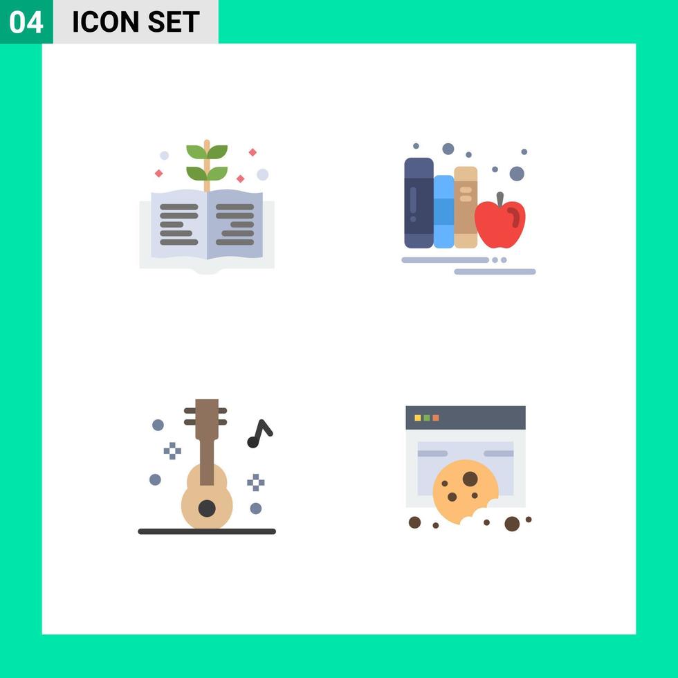 4 Thematic Vector Flat Icons and Editable Symbols of book guitar back to school library party Editable Vector Design Elements