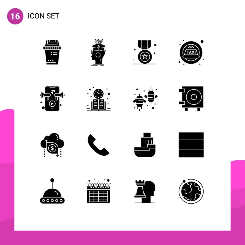 Modern Set of 16 Solid Glyphs Pictograph of marketing siren head cab win Editable Vector Design Elements