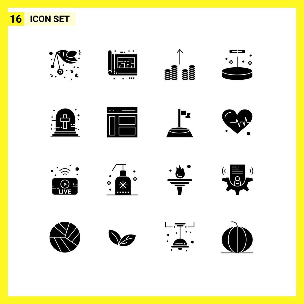 Set of 16 Commercial Solid Glyphs pack for graveyard cross laboratory plan education money Editable Vector Design Elements