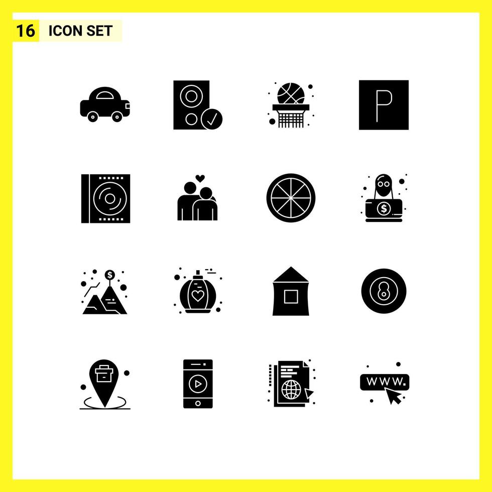 Solid Glyph Pack of 16 Universal Symbols of compact blu ray speaker sign park Editable Vector Design Elements