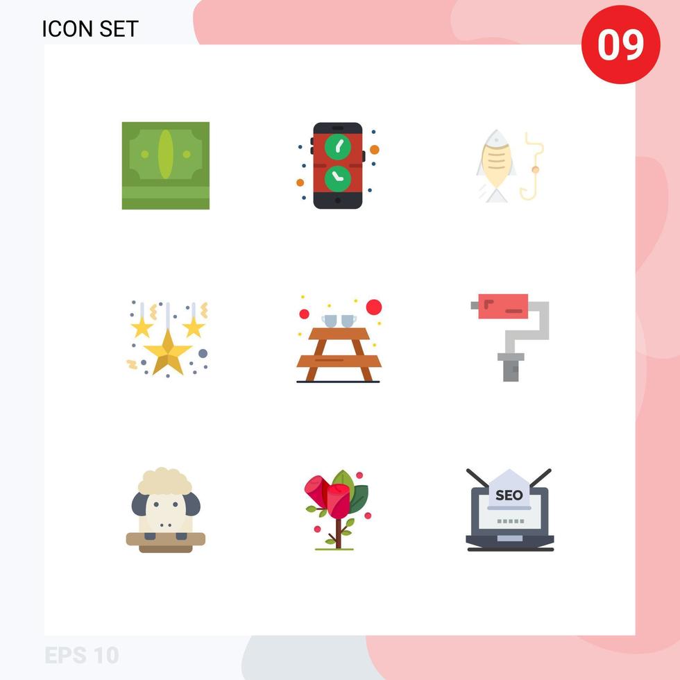 User Interface Pack of 9 Basic Flat Colors of picnic hanging stars watch decoration hunting Editable Vector Design Elements