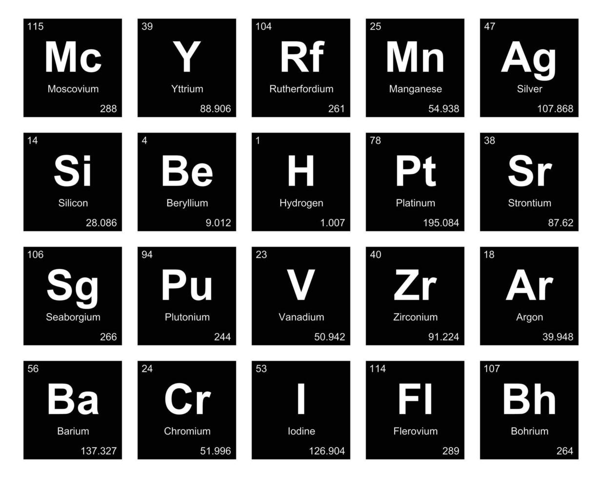 diseño de paquete de iconos de 20 tablas preiodicas de los elementos vector