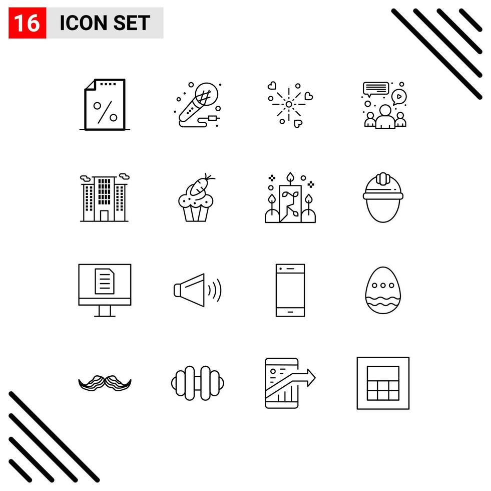 Mobile Interface Outline Set of 16 Pictograms of building meeting night group love Editable Vector Design Elements