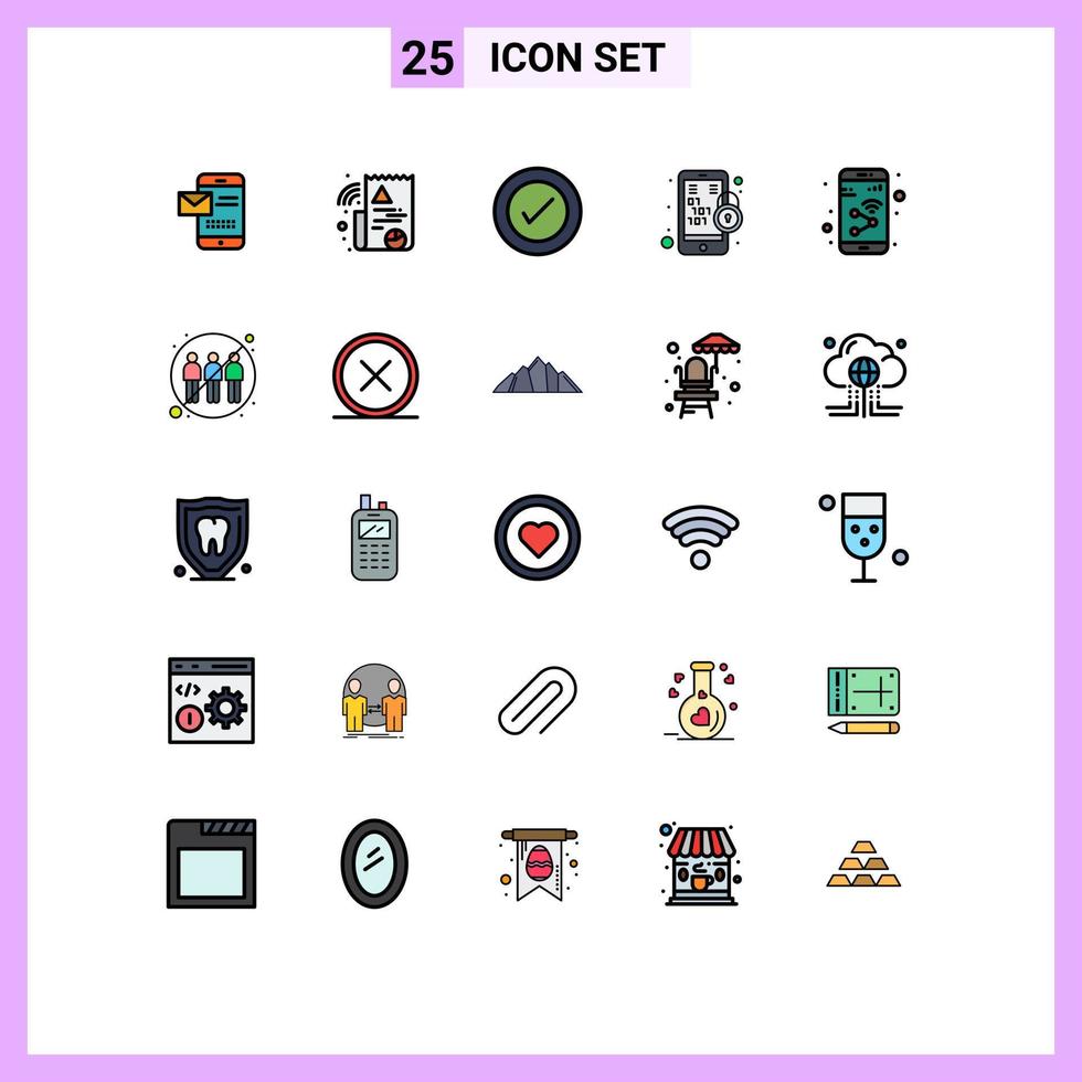 Modern Set of 25 Filled line Flat Colors Pictograph of device mobile layout lock binary code Editable Vector Design Elements