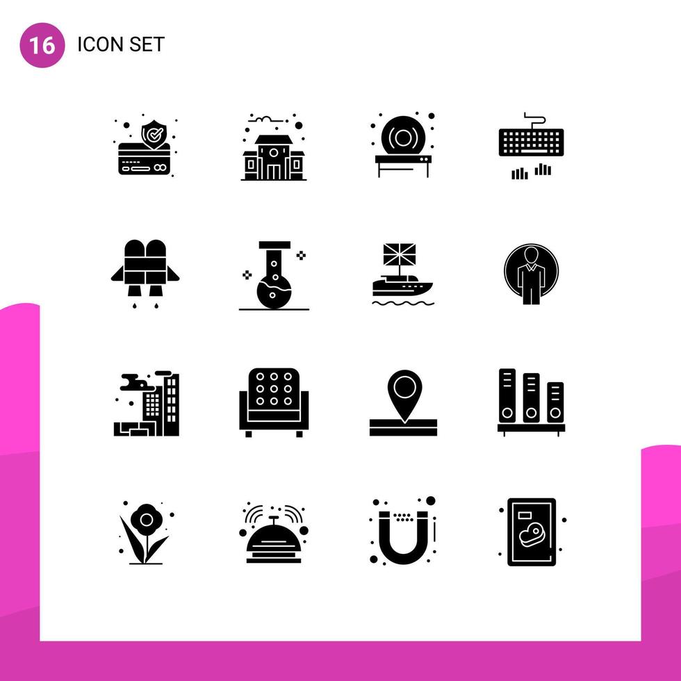 Pack of 16 Modern Solid Glyphs Signs and Symbols for Web Print Media such as laboratory chemical hardware jetpack typing Editable Vector Design Elements