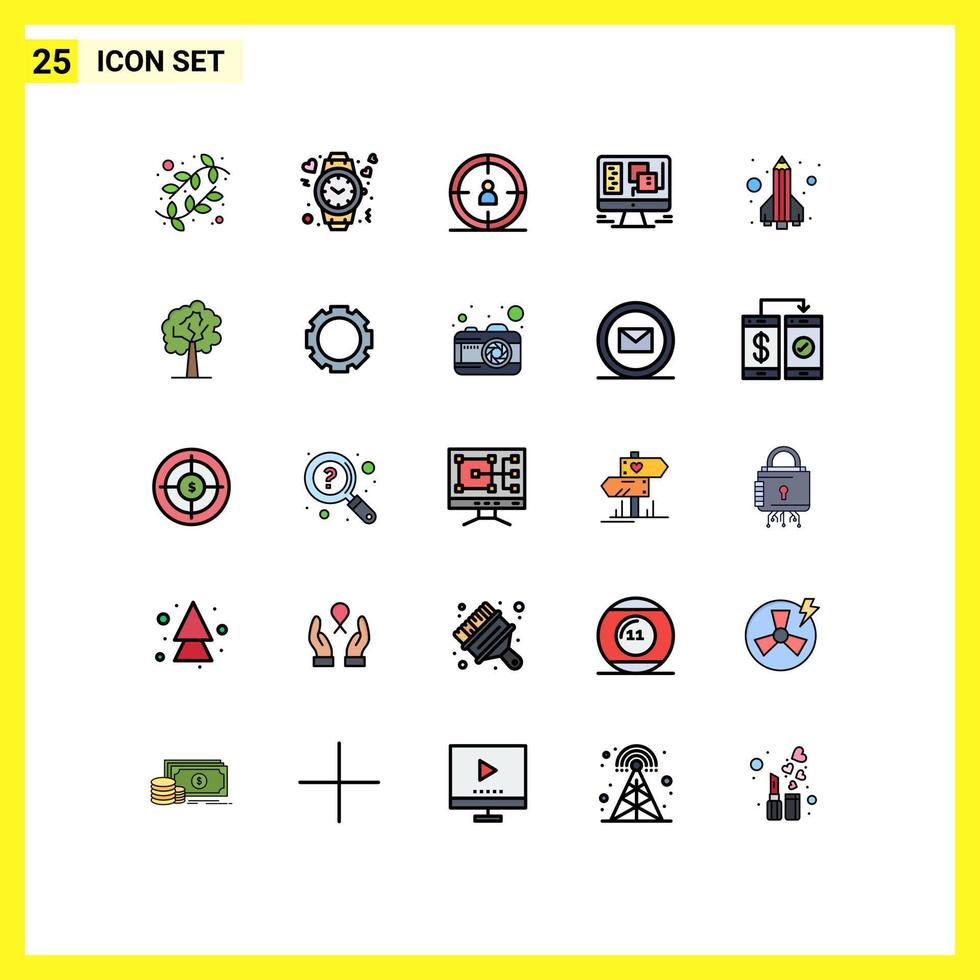 conjunto de 25 colores planos de línea rellena de vector en cuadrícula para lanzar elementos de diseño de vector editables de computadora de ventana de visualización web