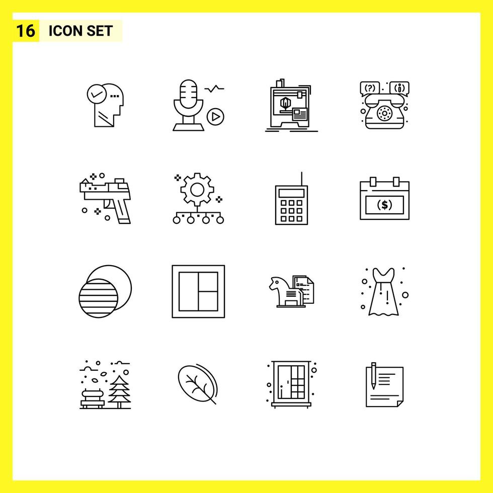 Set of 16 Modern UI Icons Symbols Signs for gun telephone dimensional support help Editable Vector Design Elements